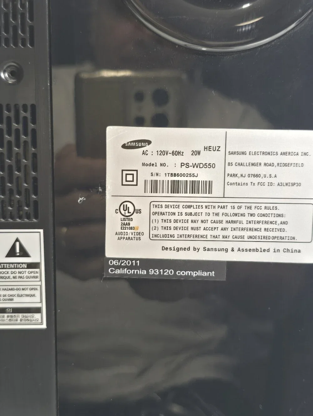 Samsung PS-WD550 Wireless Active Subwoofer 2011 Black Tested Mint Condition